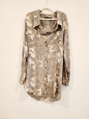 Nicholas K Olive Earth Tone Hand Dyed Silk Button Down Long Sleeve Shirt Dress